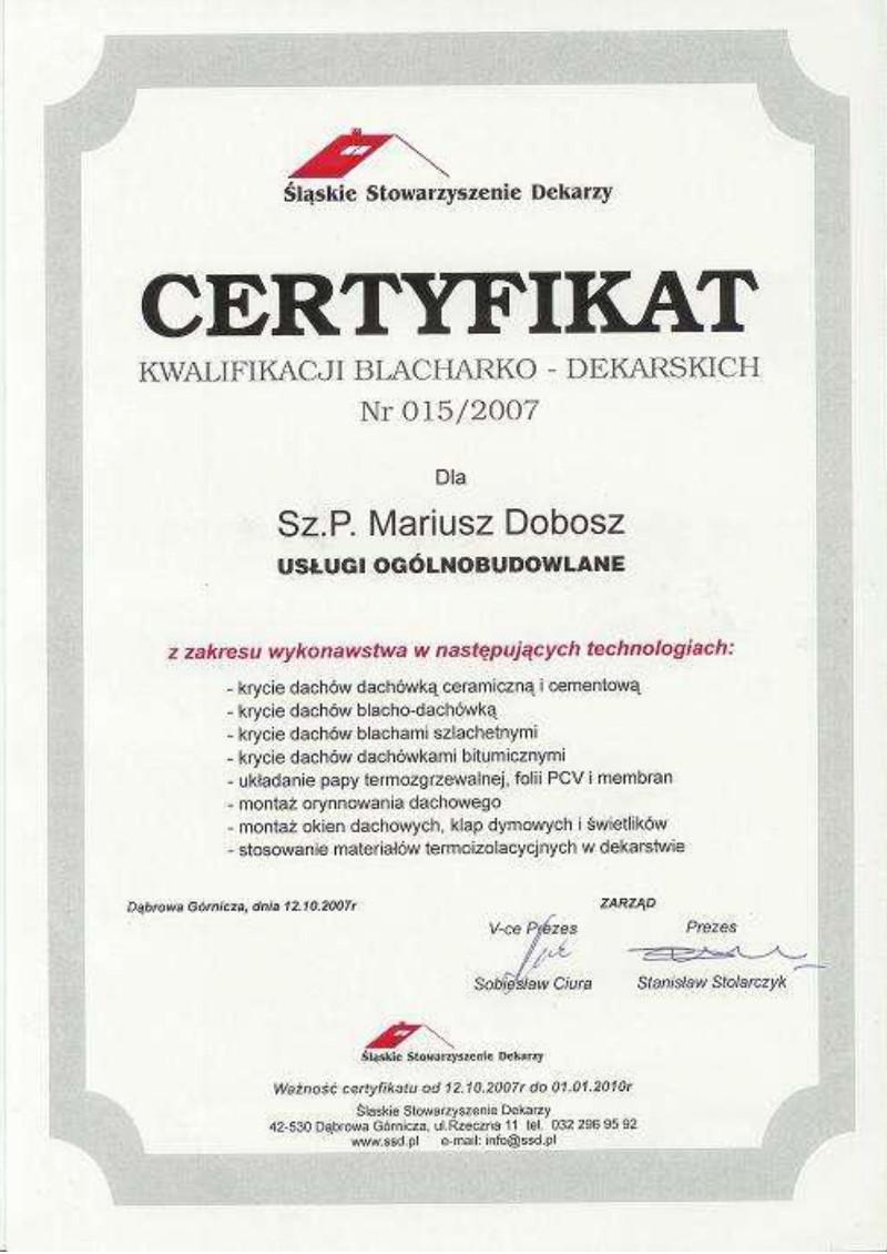 Certyfikat kwalifikacji blacharsko-dekarskich firmy Dobosz Dachy