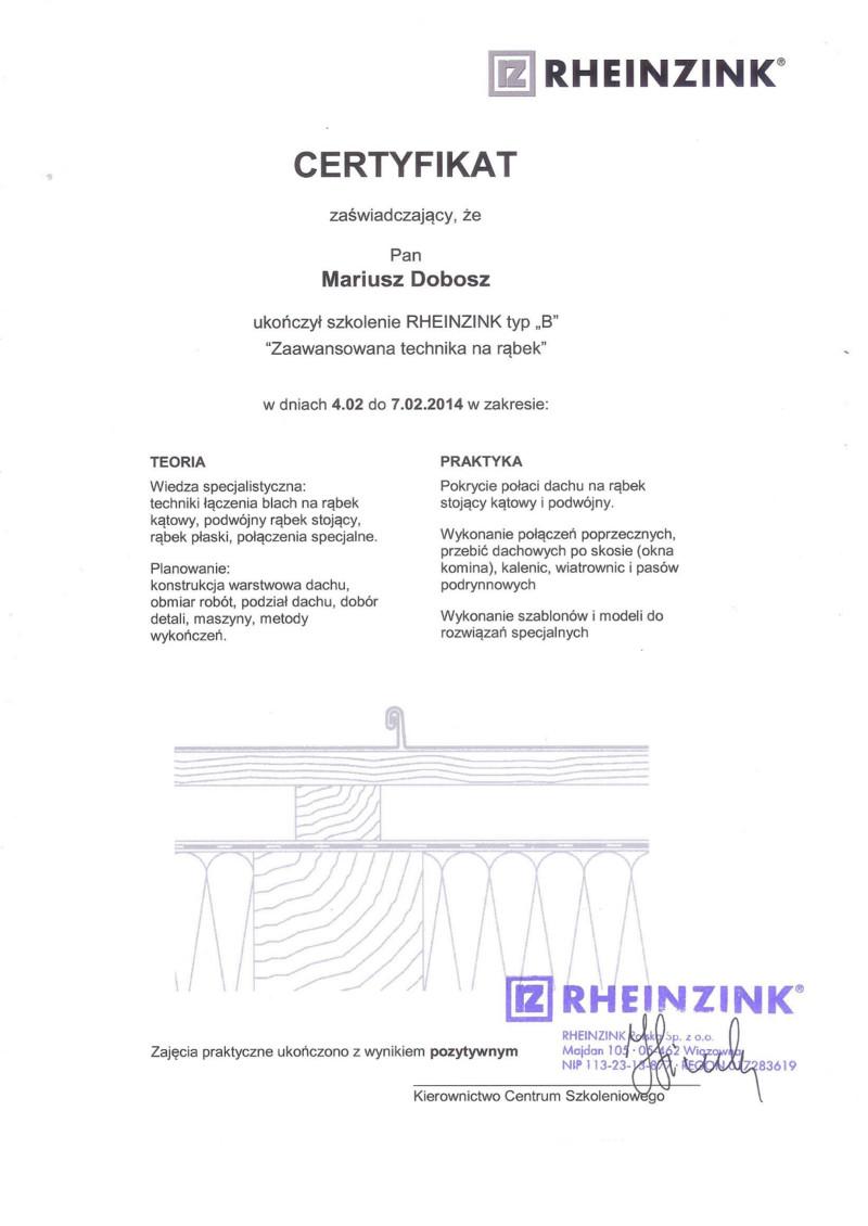 Certyfikat Rheinzink typu B